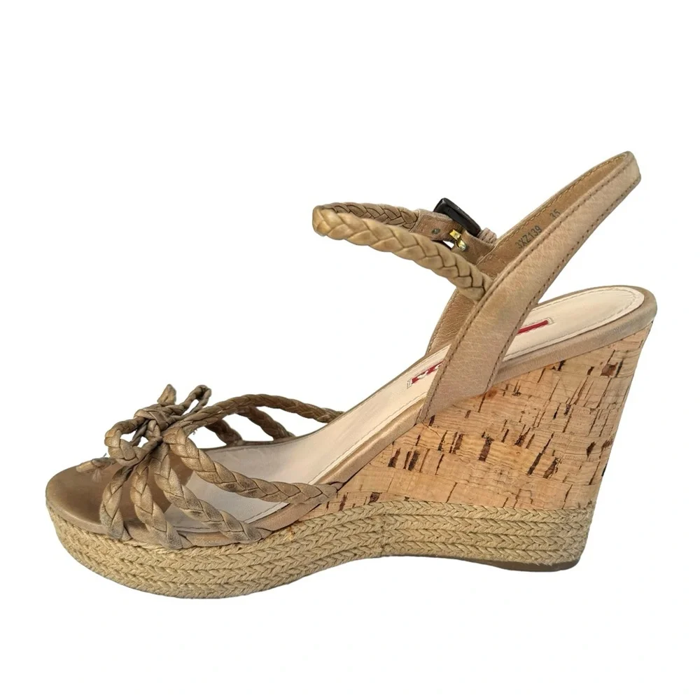 PRADA Strappy Sandals Cork Wedges Tan - Picture 6 of 16